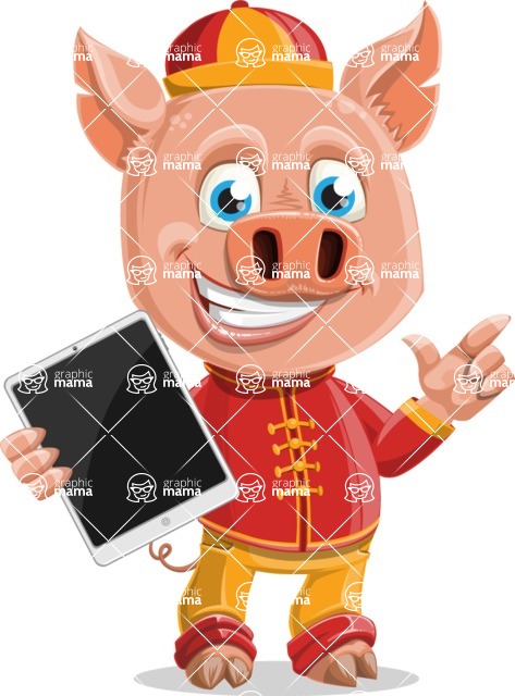 Year of the Pig Character - Vector Pig Cartoon - Year of the Pig Vector Character with an iPad